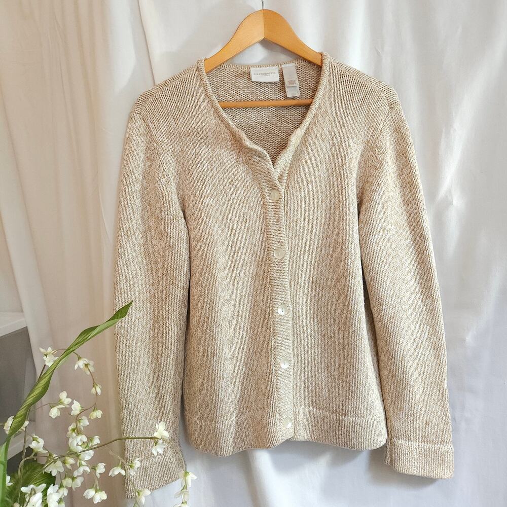 Liz Claiborne Lizsport Cardigan XL 100% Cotton Beige Marled Knit Made in UK
